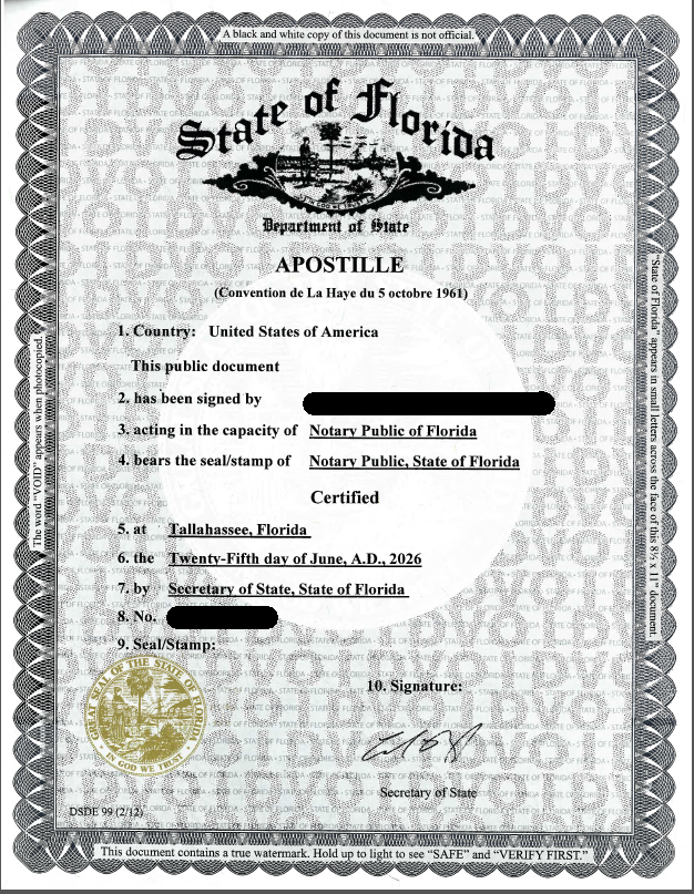 Sample apostille certificate issued by the Florida Department of State